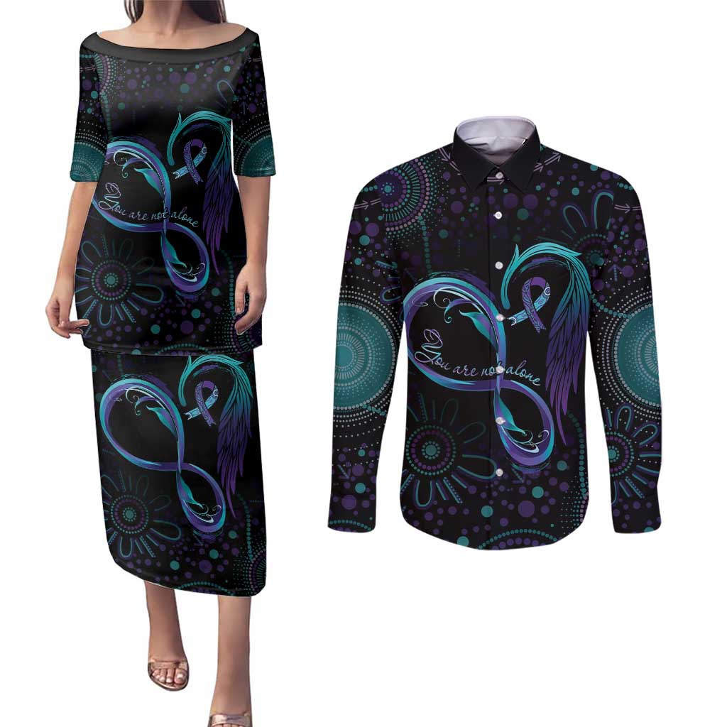 Personalized Australia Indigenous Infinity Heart Couples Matching Puletasi and Long Sleeve Button Shirt Purple Teal Ribbon You Are Not Alone - Aussie Hoodie