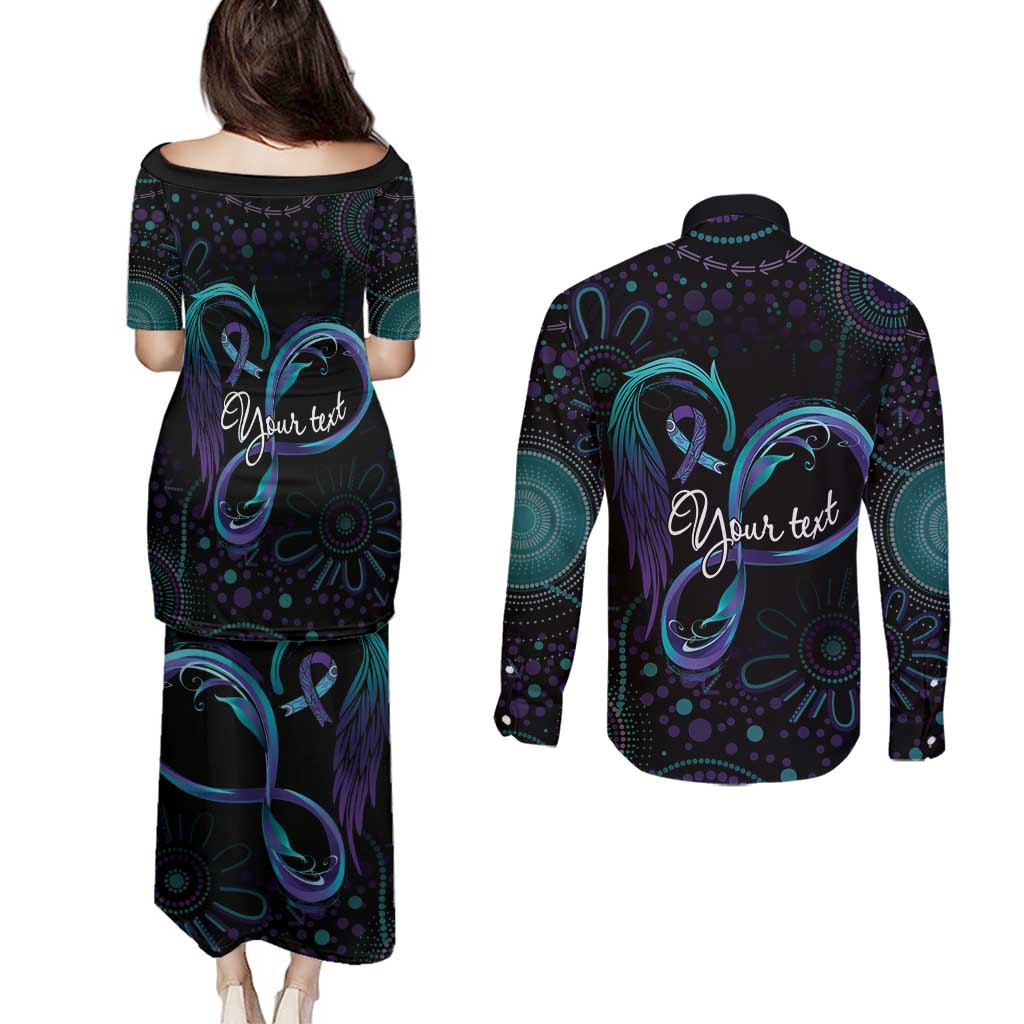 Personalized Australia Indigenous Infinity Heart Couples Matching Puletasi and Long Sleeve Button Shirt Purple Teal Ribbon You Are Not Alone - Aussie Hoodie