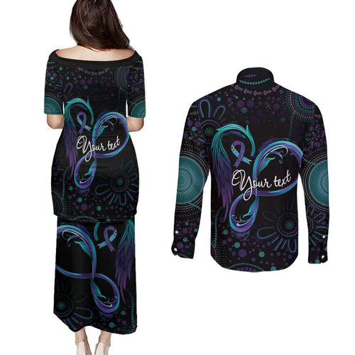 Personalized Australia Indigenous Infinity Heart Couples Matching Puletasi and Long Sleeve Button Shirt Purple Teal Ribbon You Are Not Alone - Aussie Hoodie