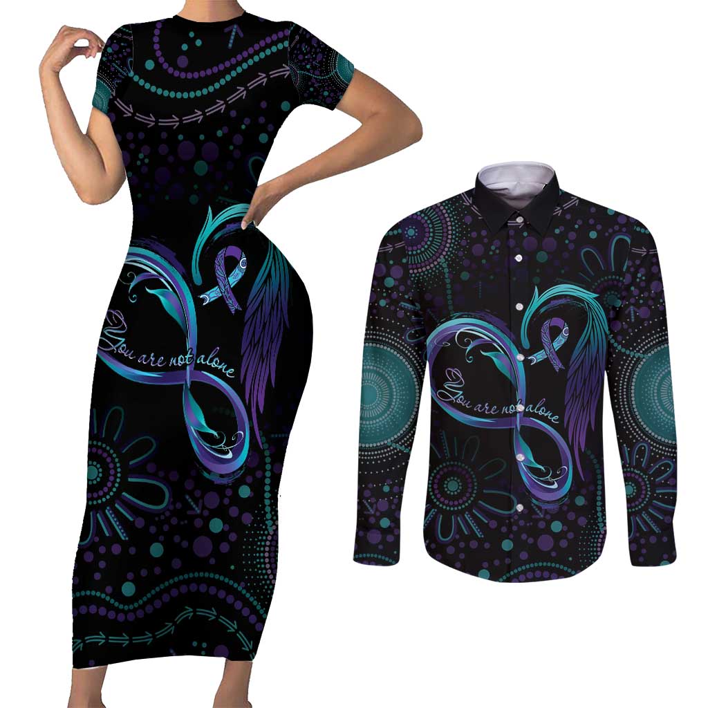 Personalized Australia Indigenous Infinity Heart Couples Matching Short Sleeve Bodycon Dress and Long Sleeve Button Shirt Purple Teal Ribbon You Are Not Alone - Aussie Hoodie