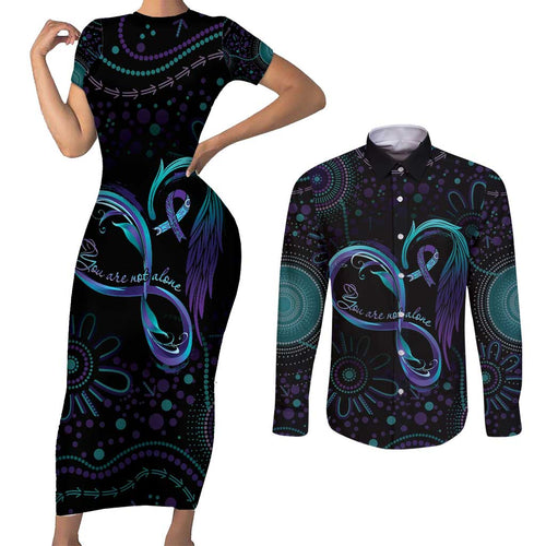 Personalized Australia Indigenous Infinity Heart Couples Matching Short Sleeve Bodycon Dress and Long Sleeve Button Shirt Purple Teal Ribbon You Are Not Alone - Aussie Hoodie