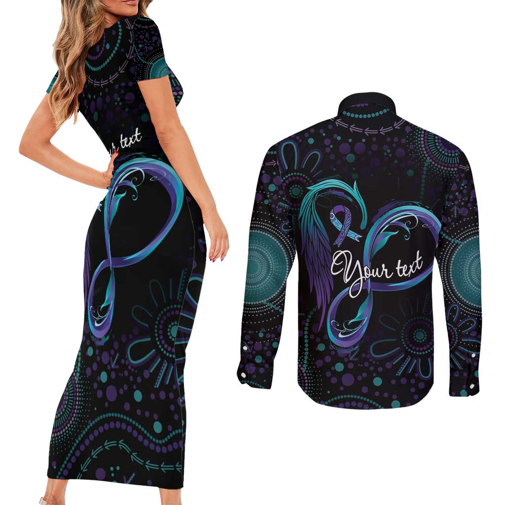 Personalized Australia Indigenous Infinity Heart Couples Matching Short Sleeve Bodycon Dress and Long Sleeve Button Shirt Purple Teal Ribbon You Are Not Alone - Aussie Hoodie