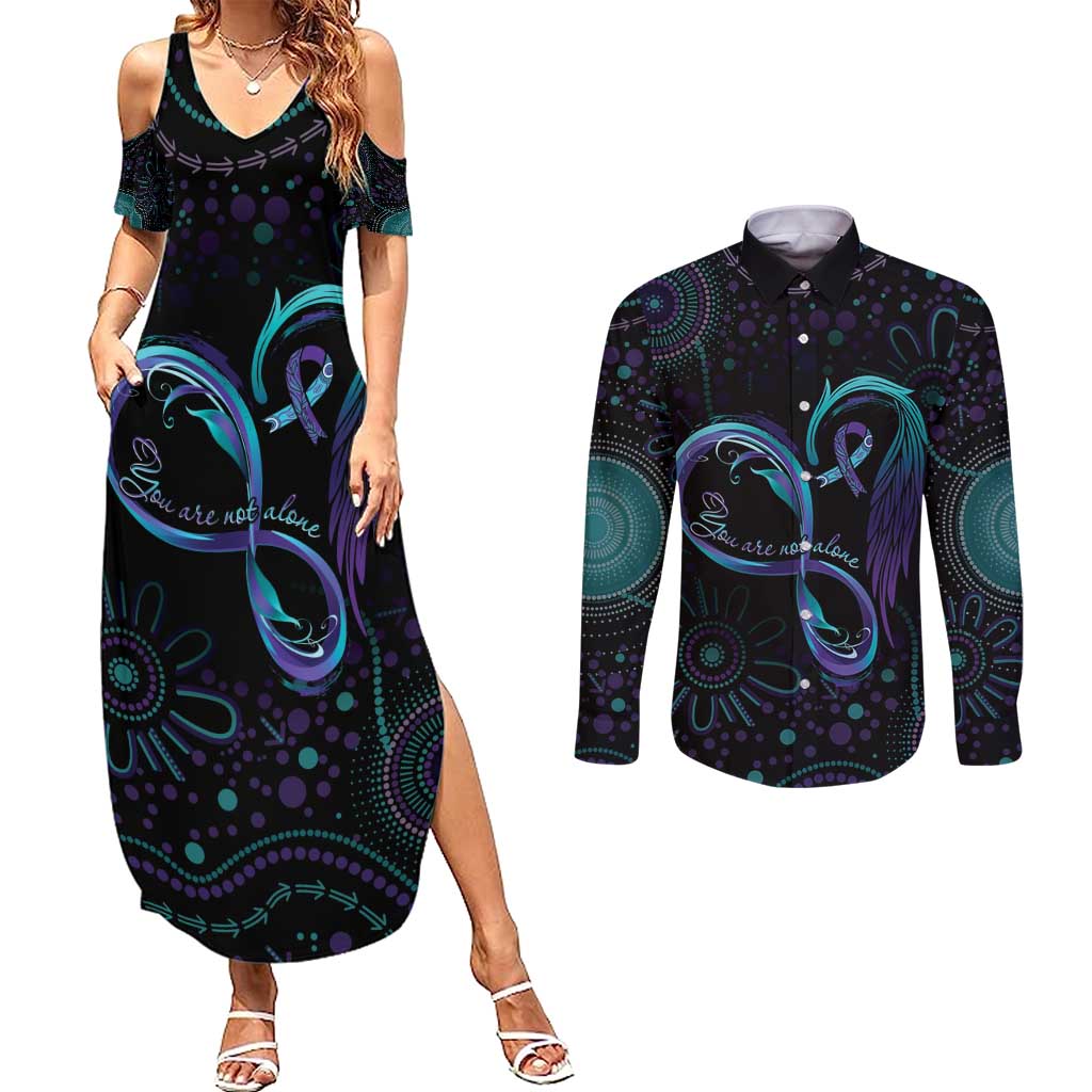Personalized Australia Indigenous Infinity Heart Couples Matching Summer Maxi Dress and Long Sleeve Button Shirt Purple Teal Ribbon You Are Not Alone - Aussie Hoodie