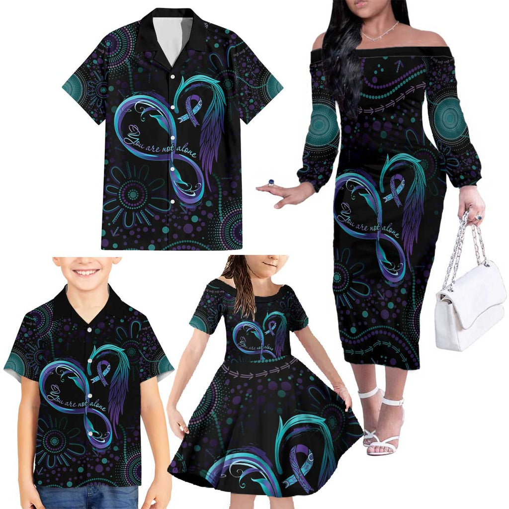 Personalized Australia Indigenous Infinity Heart Family Matching Off The Shoulder Long Sleeve Dress and Hawaiian Shirt Purple Teal Ribbon You Are Not Alone - Aussie Hoodie