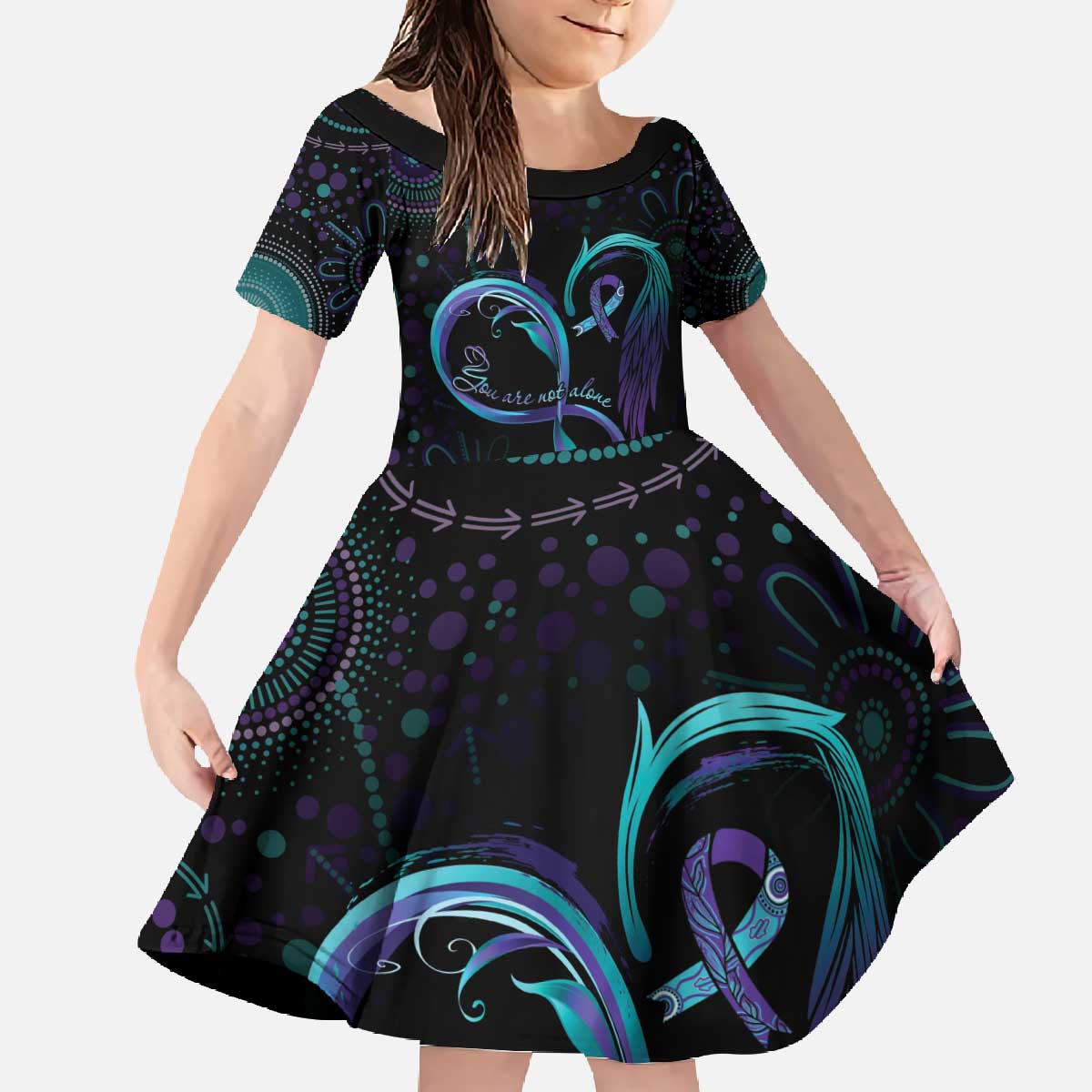 Personalized Australia Indigenous Infinity Heart Family Matching Off The Shoulder Long Sleeve Dress and Hawaiian Shirt Purple Teal Ribbon You Are Not Alone - Aussie Hoodie
