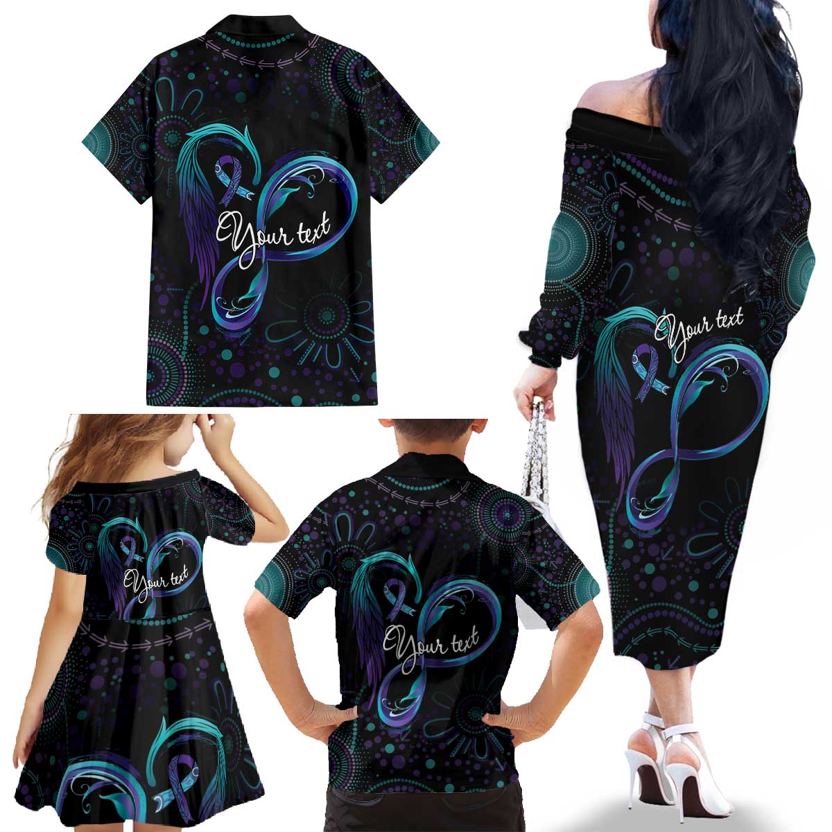 Personalized Australia Indigenous Infinity Heart Family Matching Off The Shoulder Long Sleeve Dress and Hawaiian Shirt Purple Teal Ribbon You Are Not Alone - Aussie Hoodie
