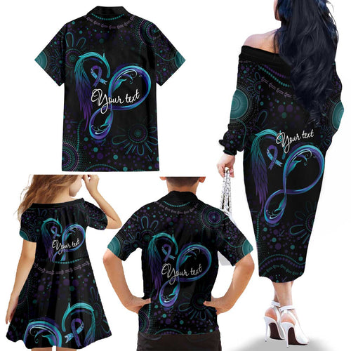 Personalized Australia Indigenous Infinity Heart Family Matching Off The Shoulder Long Sleeve Dress and Hawaiian Shirt Purple Teal Ribbon You Are Not Alone - Aussie Hoodie