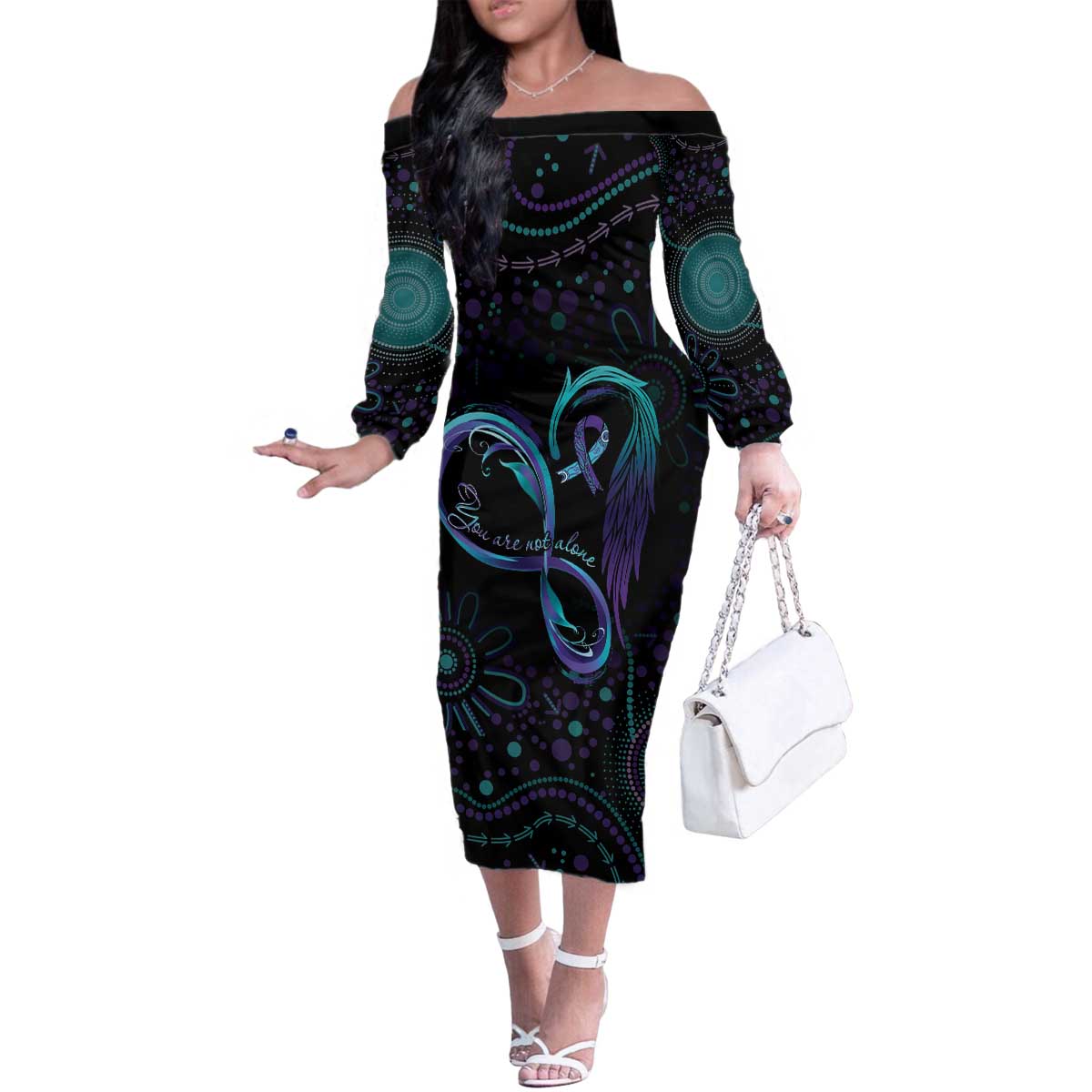 Personalized Australia Indigenous Infinity Heart Family Matching Off The Shoulder Long Sleeve Dress and Hawaiian Shirt Purple Teal Ribbon You Are Not Alone - Aussie Hoodie