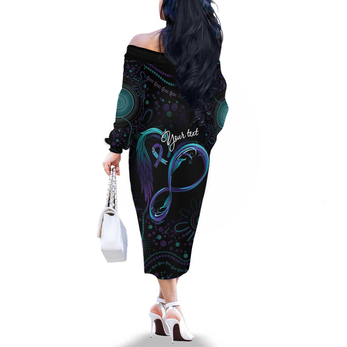 Personalized Australia Indigenous Infinity Heart Family Matching Off The Shoulder Long Sleeve Dress and Hawaiian Shirt Purple Teal Ribbon You Are Not Alone - Aussie Hoodie