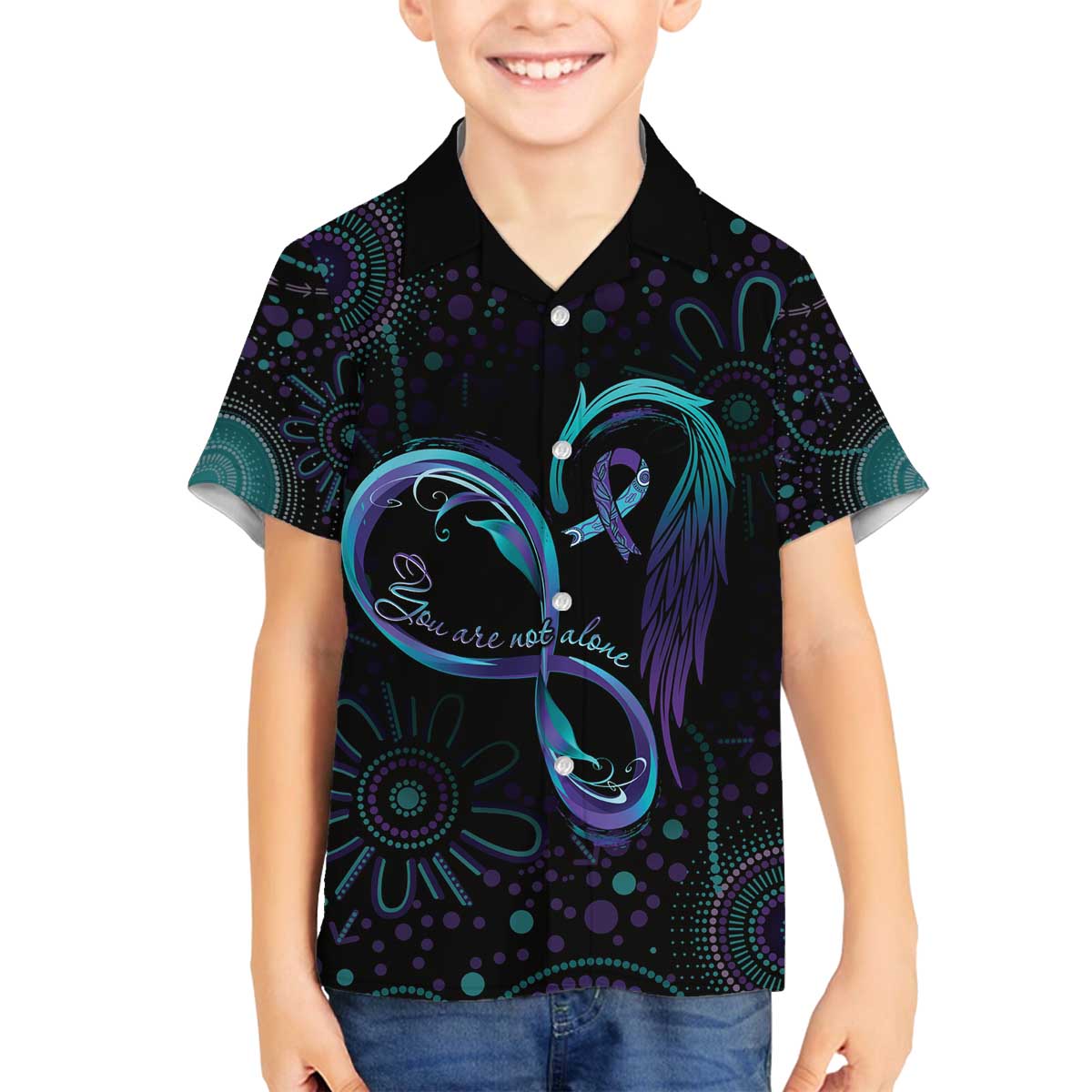 Personalized Australia Indigenous Infinity Heart Family Matching Off The Shoulder Long Sleeve Dress and Hawaiian Shirt Purple Teal Ribbon You Are Not Alone - Aussie Hoodie