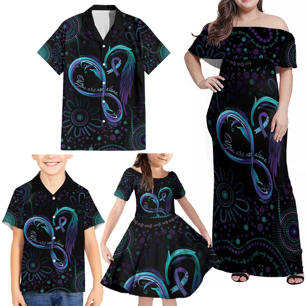 Personalized Australia Indigenous Infinity Heart Family Matching Off Shoulder Maxi Dress and Hawaiian Shirt Purple Teal Ribbon You Are Not Alone - Aussie Hoodie