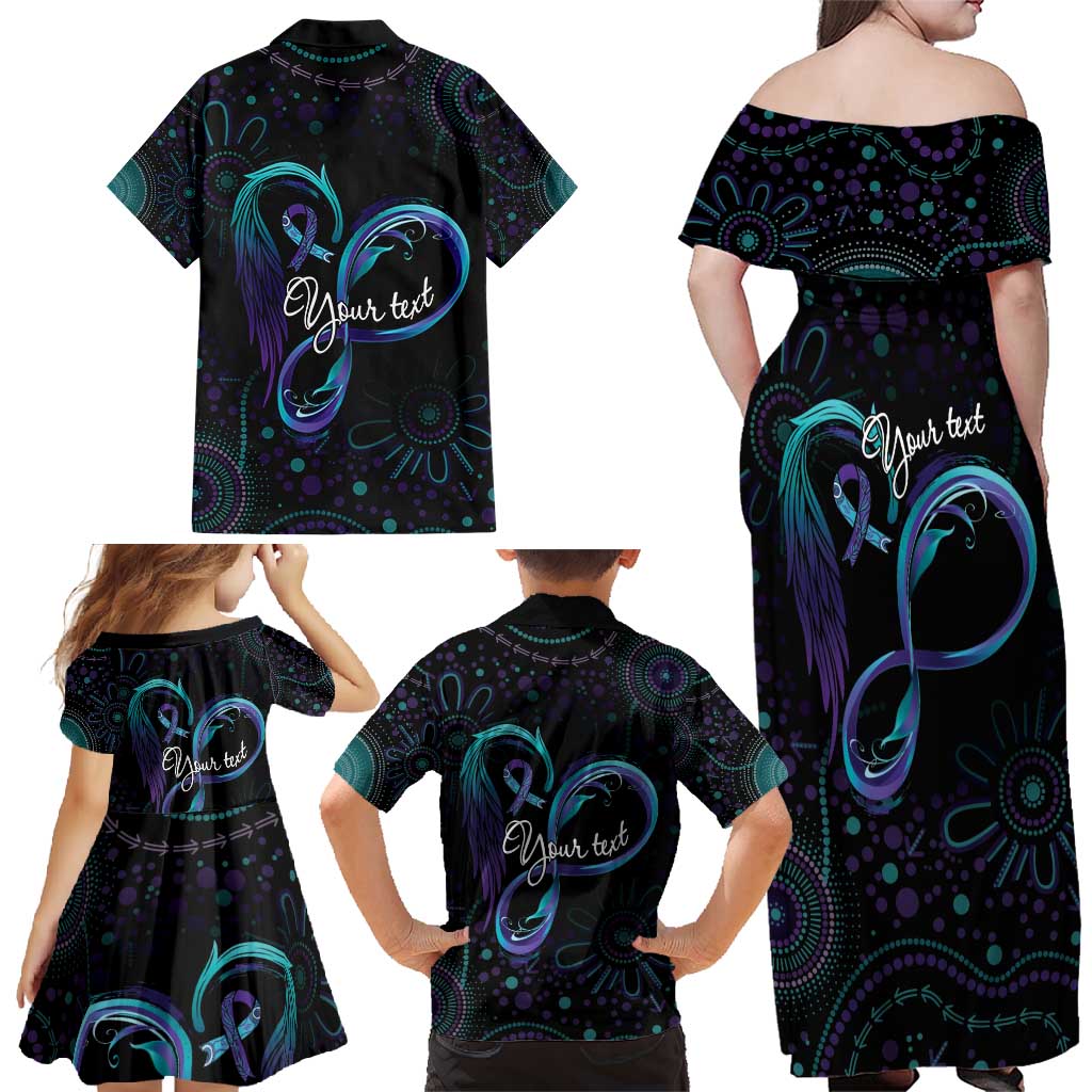 Personalized Australia Indigenous Infinity Heart Family Matching Off Shoulder Maxi Dress and Hawaiian Shirt Purple Teal Ribbon You Are Not Alone - Aussie Hoodie