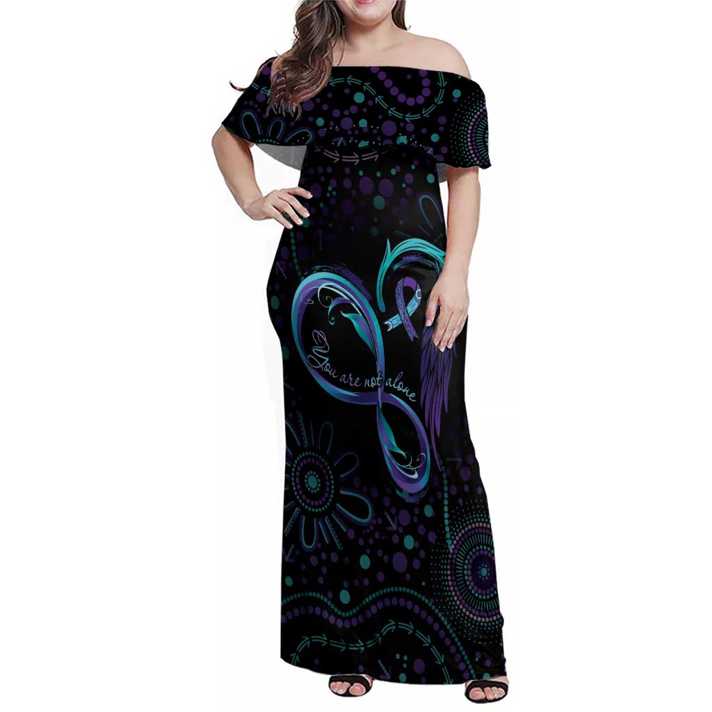 Personalized Australia Indigenous Infinity Heart Family Matching Off Shoulder Maxi Dress and Hawaiian Shirt Purple Teal Ribbon You Are Not Alone - Aussie Hoodie