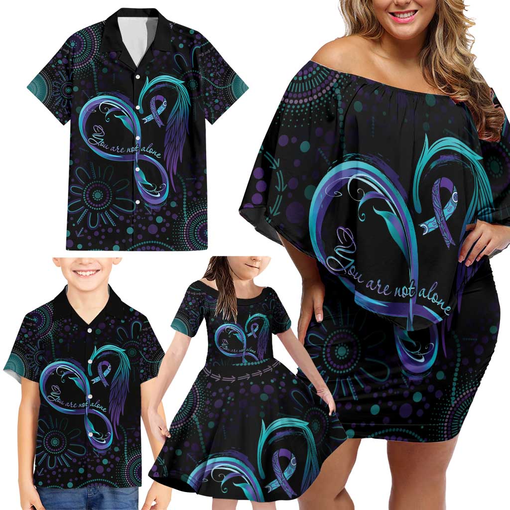 Personalized Australia Indigenous Infinity Heart Family Matching Off Shoulder Short Dress and Hawaiian Shirt Purple Teal Ribbon You Are Not Alone - Aussie Hoodie