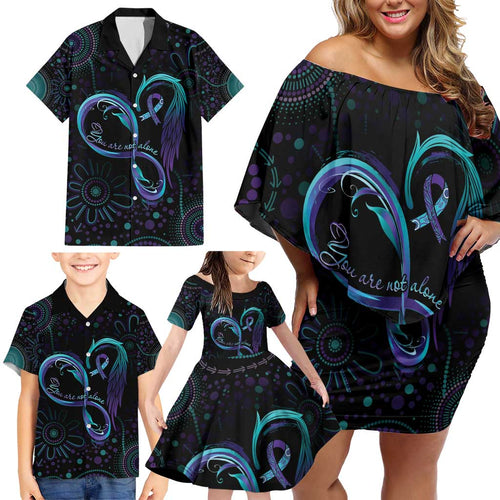 Personalized Australia Indigenous Infinity Heart Family Matching Off Shoulder Short Dress and Hawaiian Shirt Purple Teal Ribbon You Are Not Alone - Aussie Hoodie