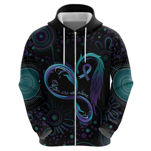 Personalized Australia Indigenous Infinity Heart Hoodie Purple Teal Ribbon You Are Not Alone - Aussie Hoodie