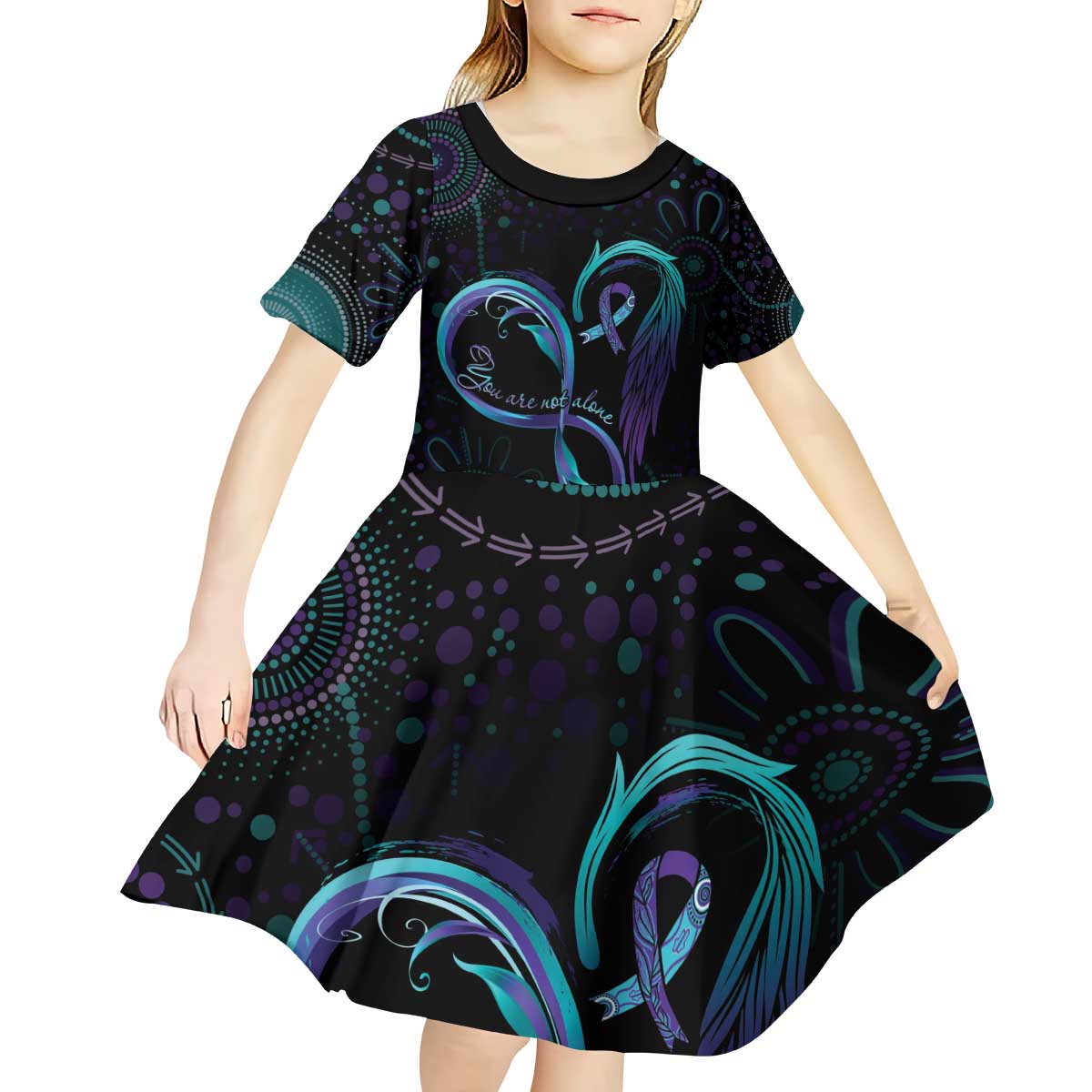 Personalized Australia Indigenous Infinity Heart Kid Short Sleeve Dress Purple Teal Ribbon You Are Not Alone - Aussie Hoodie