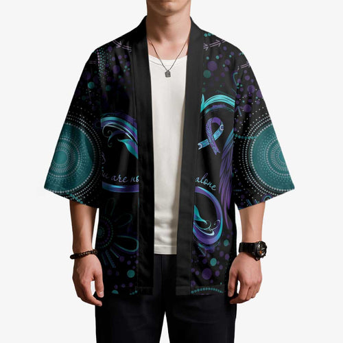 Personalized Australia Indigenous Infinity Heart Kimono Purple Teal Ribbon You Are Not Alone - Aussie Hoodie