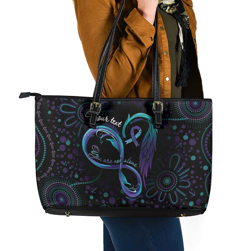 Personalized Australia Indigenous Infinity Heart Leather Tote Bag Purple Teal Ribbon You Are Not Alone - Aussie Hoodie