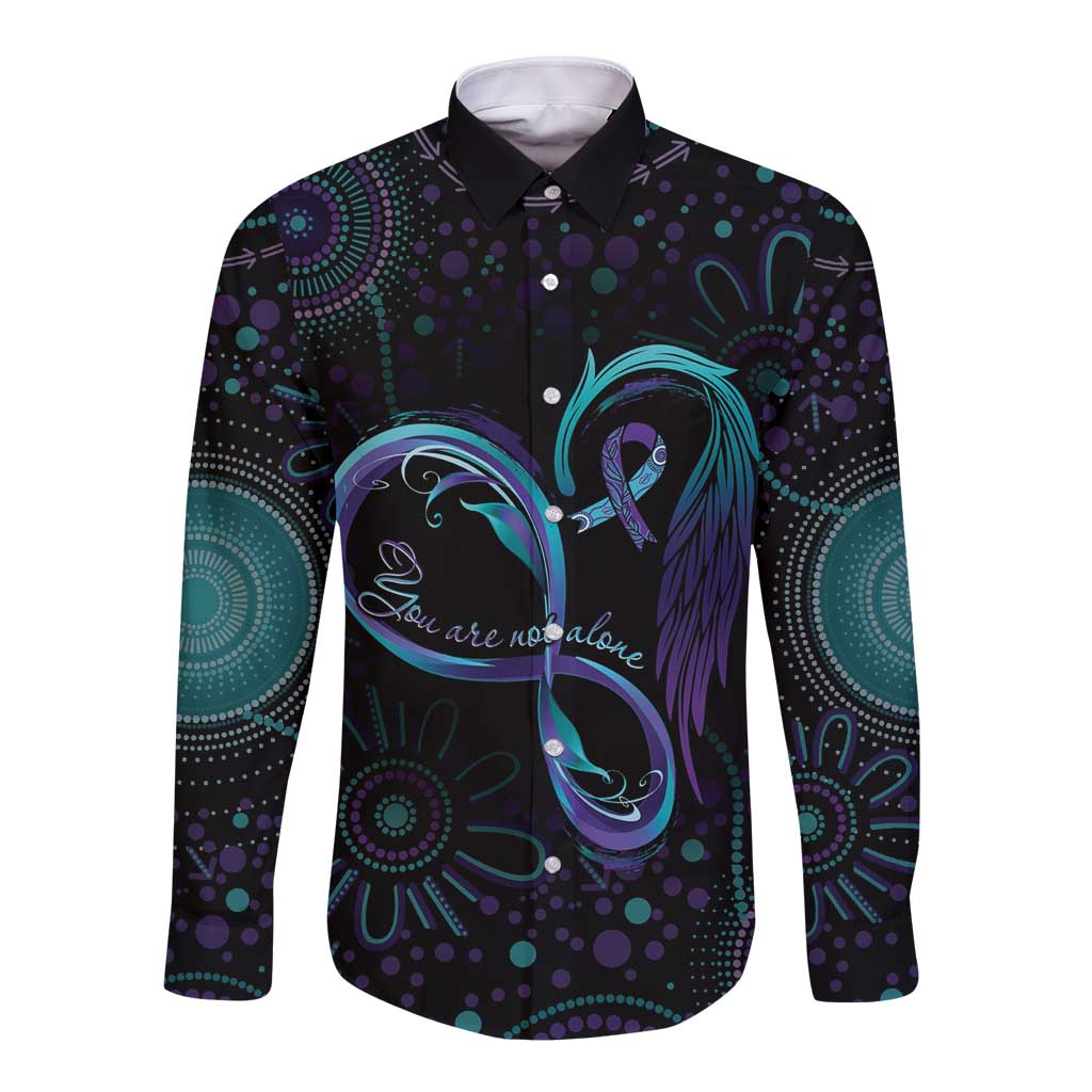 Personalized Australia Indigenous Infinity Heart Long Sleeve Button Shirt Purple Teal Ribbon You Are Not Alone - Aussie Hoodie