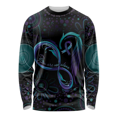 Personalized Australia Indigenous Infinity Heart Long Sleeve Shirt Purple Teal Ribbon You Are Not Alone - Aussie Hoodie