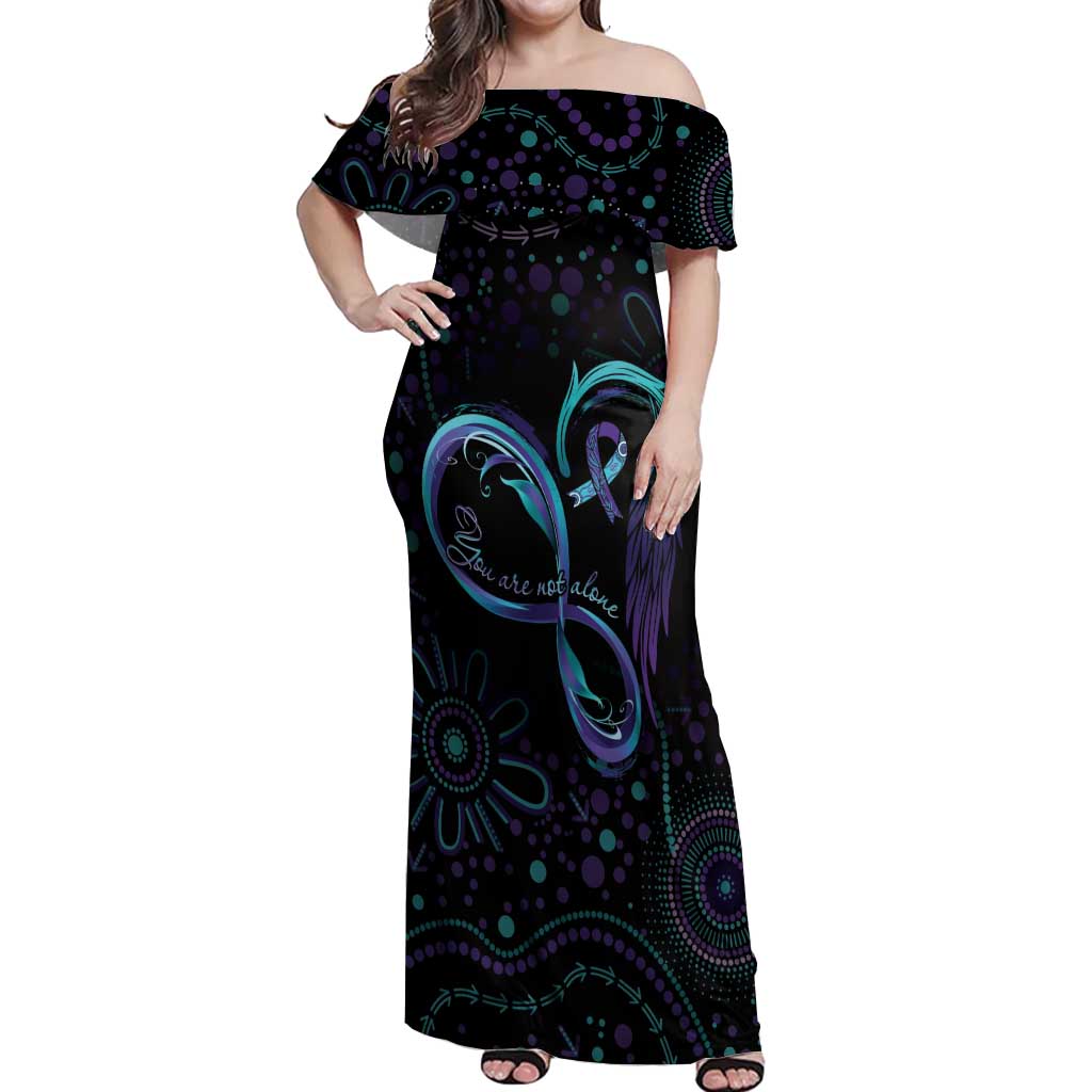 Personalized Australia Indigenous Infinity Heart Off Shoulder Maxi Dress Purple Teal Ribbon You Are Not Alone - Aussie Hoodie