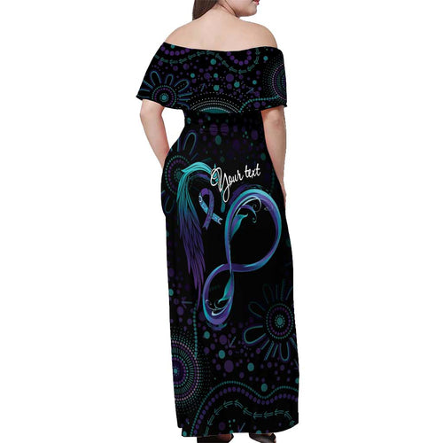 Personalized Australia Indigenous Infinity Heart Off Shoulder Maxi Dress Purple Teal Ribbon You Are Not Alone - Aussie Hoodie