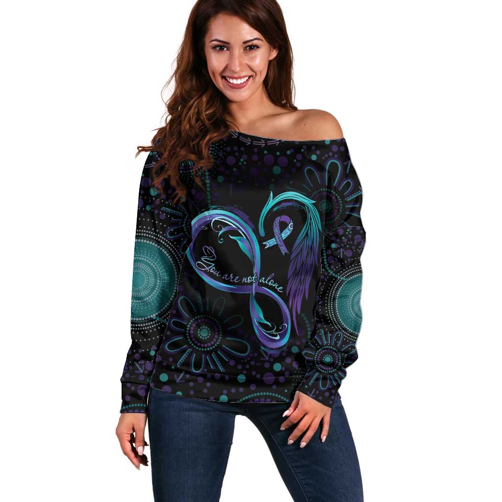 Personalized Australia Indigenous Infinity Heart Off Shoulder Sweater Purple Teal Ribbon You Are Not Alone - Aussie Hoodie