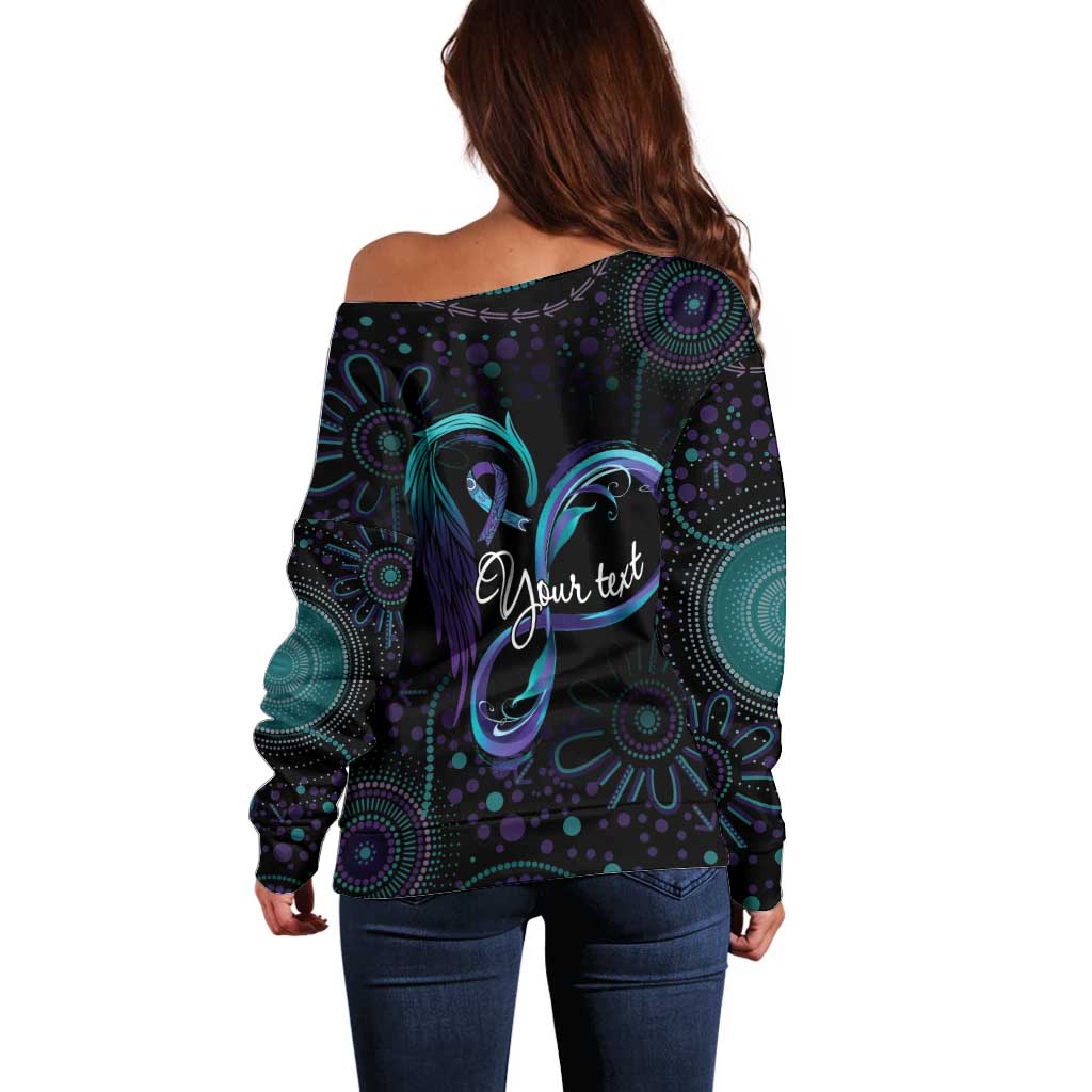 Personalized Australia Indigenous Infinity Heart Off Shoulder Sweater Purple Teal Ribbon You Are Not Alone - Aussie Hoodie