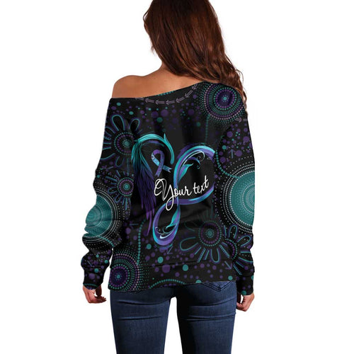 Personalized Australia Indigenous Infinity Heart Off Shoulder Sweater Purple Teal Ribbon You Are Not Alone - Aussie Hoodie
