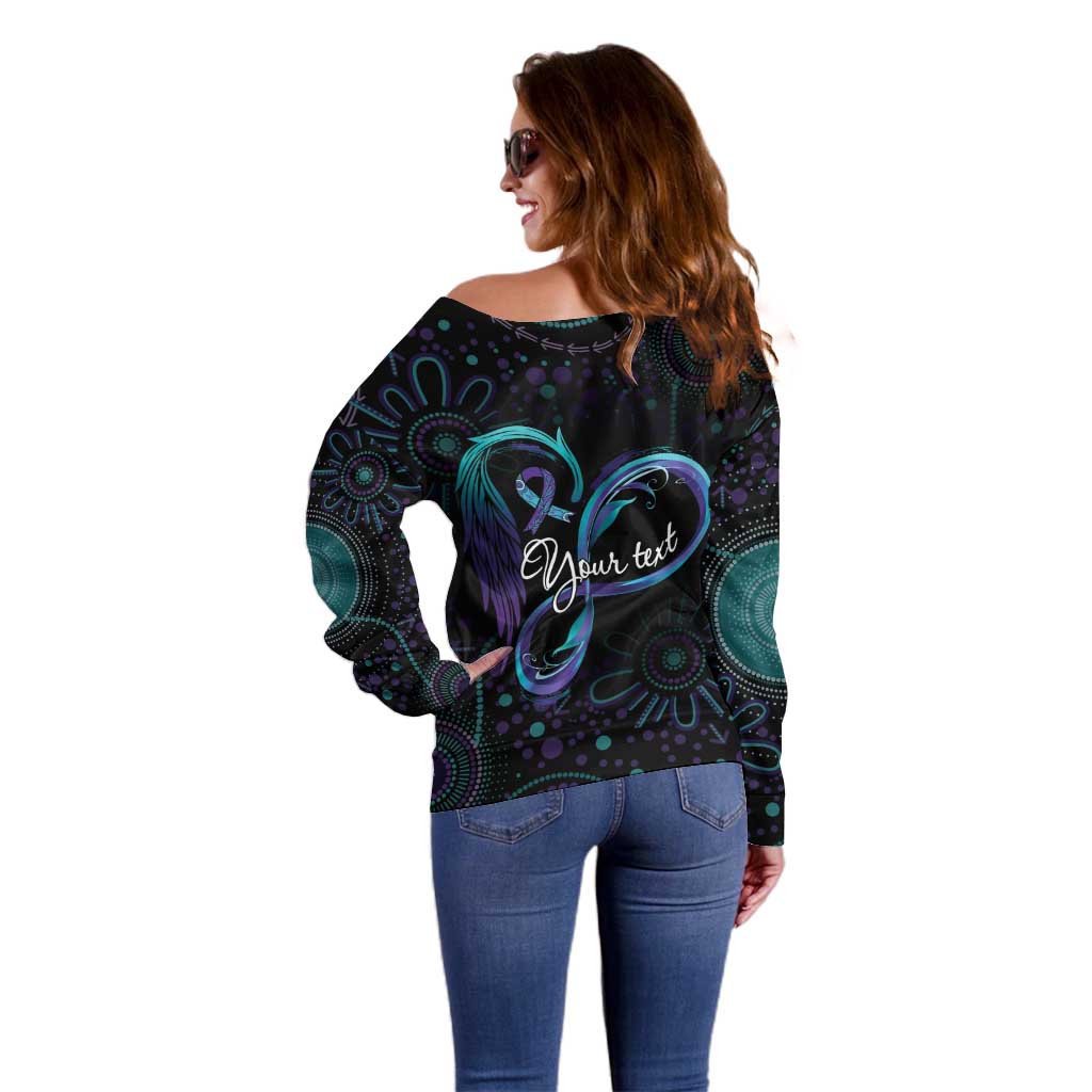 Personalized Australia Indigenous Infinity Heart Off Shoulder Sweater Purple Teal Ribbon You Are Not Alone - Aussie Hoodie