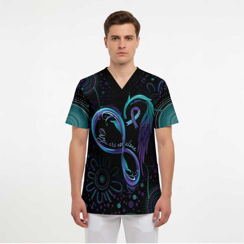 Personalized Australia Indigenous Infinity Heart Scrub Top Purple Teal Ribbon You Are Not Alone - Aussie Hoodie