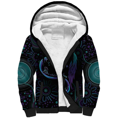 Personalized Australia Indigenous Infinity Heart Sherpa Hoodie Purple Teal Ribbon You Are Not Alone - Aussie Hoodie