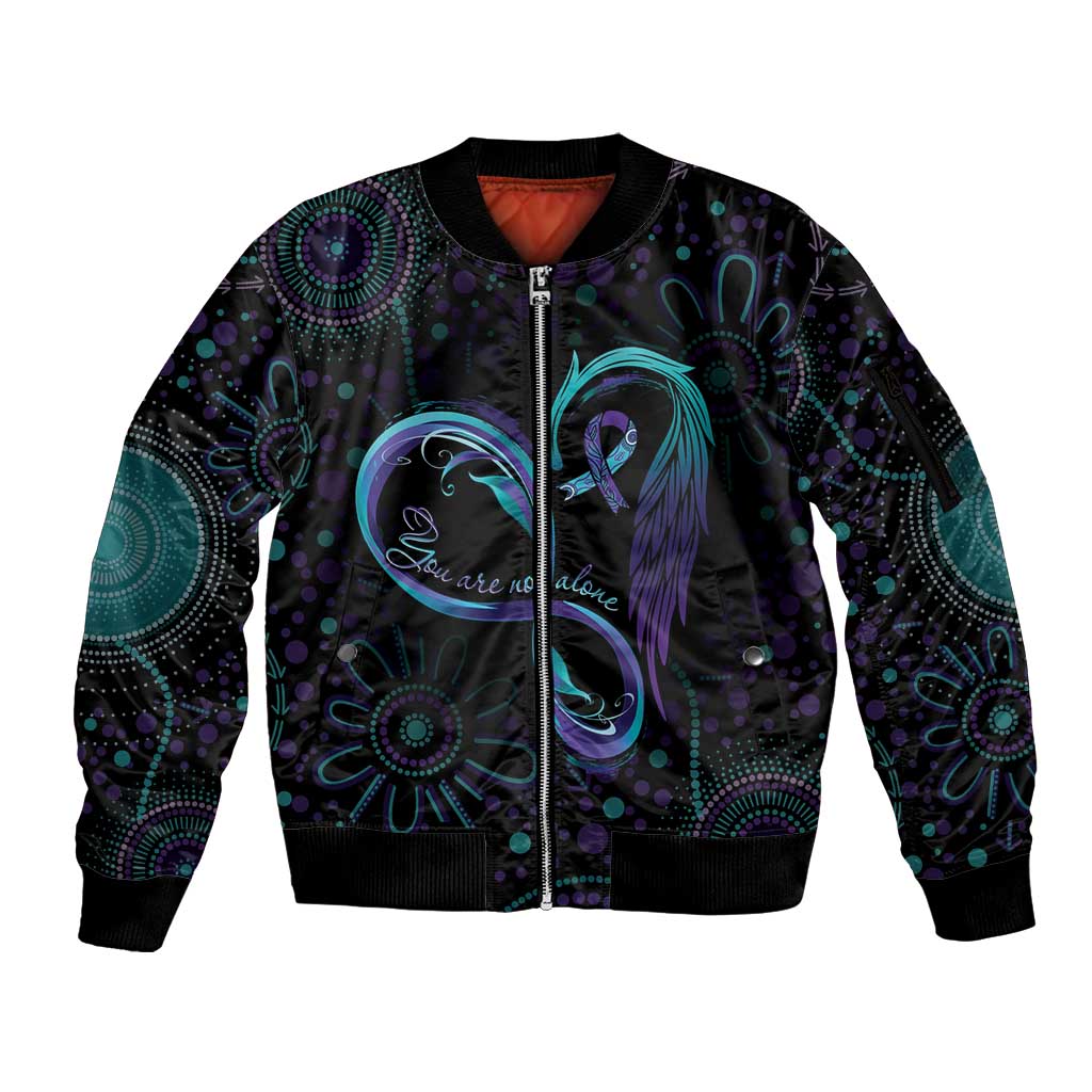 Personalized Australia Indigenous Infinity Heart Sleeve Zip Bomber Jacket Purple Teal Ribbon You Are Not Alone - Aussie Hoodie