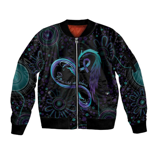 Personalized Australia Indigenous Infinity Heart Sleeve Zip Bomber Jacket Purple Teal Ribbon You Are Not Alone - Aussie Hoodie
