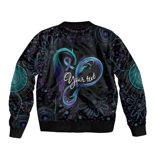 Personalized Australia Indigenous Infinity Heart Sleeve Zip Bomber Jacket Purple Teal Ribbon You Are Not Alone - Aussie Hoodie