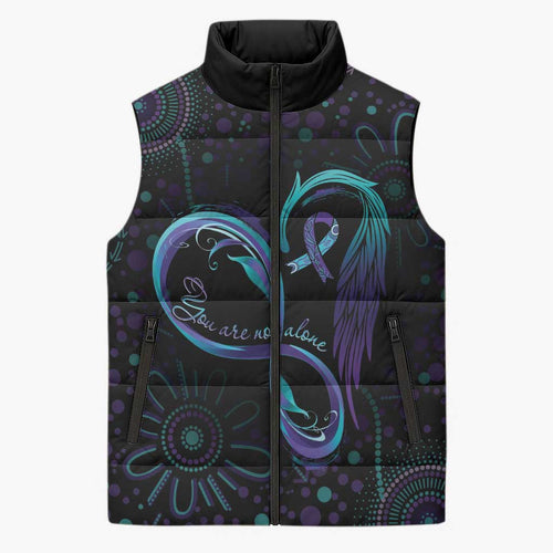 Personalized Australia Indigenous Infinity Heart Sleeveless Puffer Jacket Purple Teal Ribbon You Are Not Alone - Aussie Hoodie