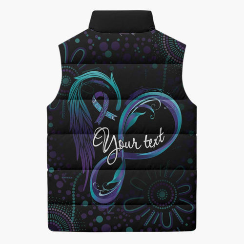 Personalized Australia Indigenous Infinity Heart Sleeveless Puffer Jacket Purple Teal Ribbon You Are Not Alone - Aussie Hoodie