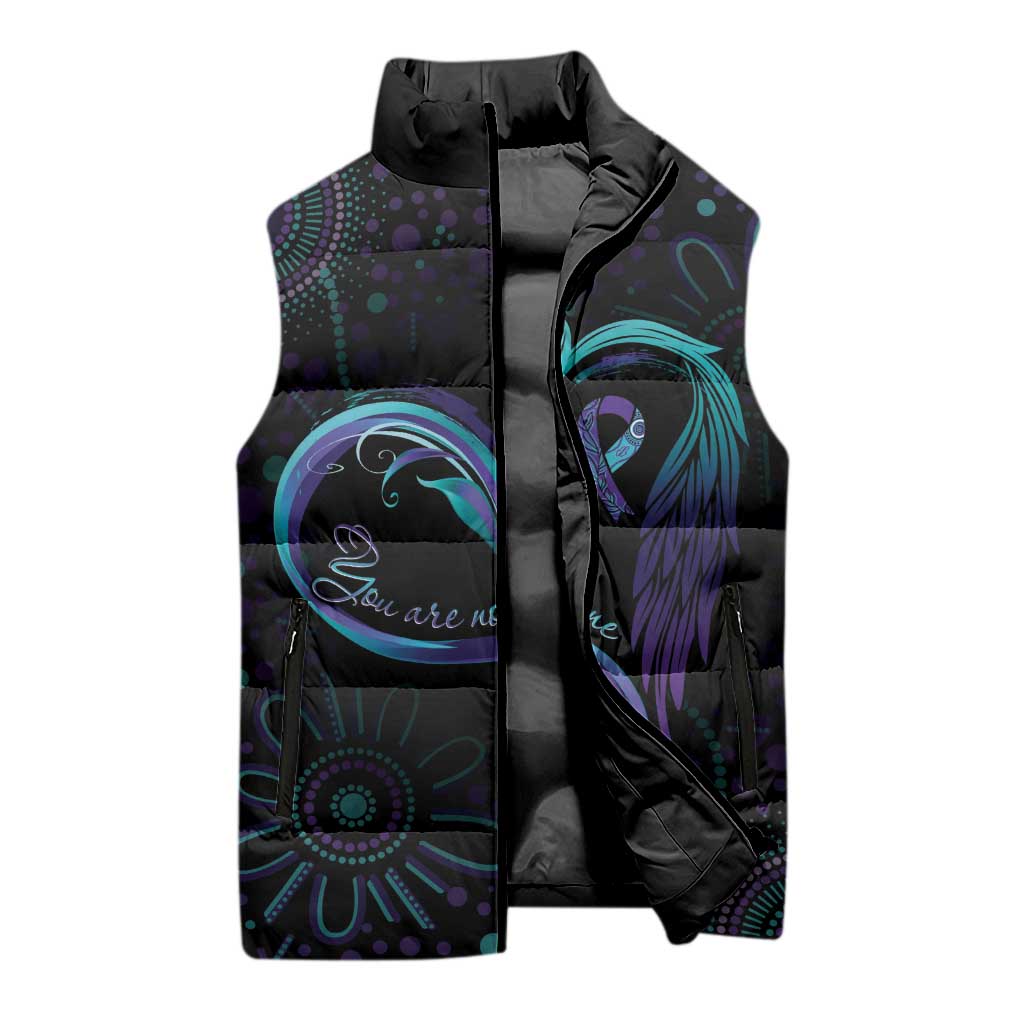 Personalized Australia Indigenous Infinity Heart Sleeveless Puffer Jacket Purple Teal Ribbon You Are Not Alone - Aussie Hoodie