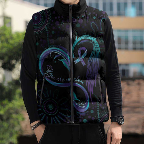 Personalized Australia Indigenous Infinity Heart Sleeveless Puffer Jacket Purple Teal Ribbon You Are Not Alone - Aussie Hoodie