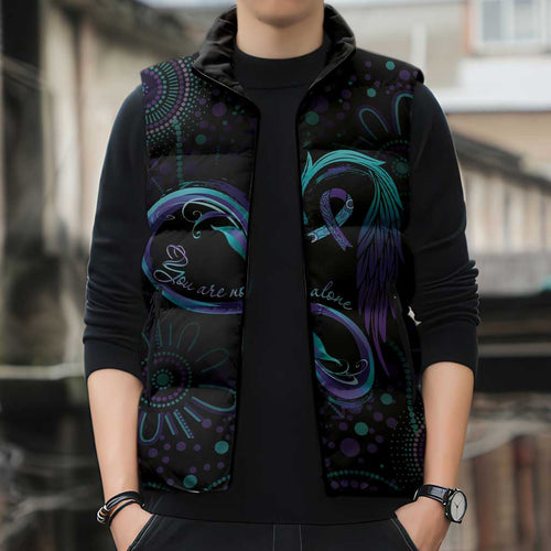 Personalized Australia Indigenous Infinity Heart Sleeveless Puffer Jacket Purple Teal Ribbon You Are Not Alone - Aussie Hoodie