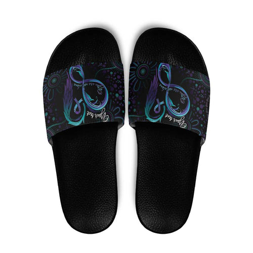 Personalized Australia Indigenous Infinity Heart Slide Sandals Purple Teal Ribbon You Are Not Alone - Aussie Hoodie