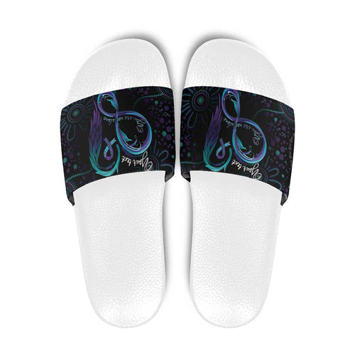 Personalized Australia Indigenous Infinity Heart Slide Sandals Purple Teal Ribbon You Are Not Alone - Aussie Hoodie