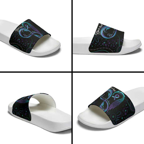 Personalized Australia Indigenous Infinity Heart Slide Sandals Purple Teal Ribbon You Are Not Alone - Aussie Hoodie