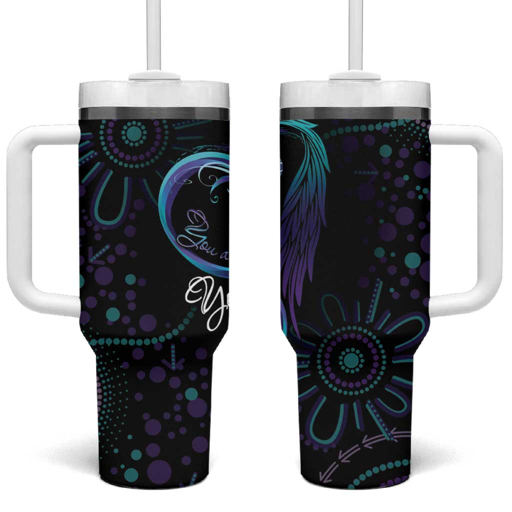 Personalized Australia Indigenous Infinity Heart Tumbler With Handle Purple Teal Ribbon You Are Not Alone - Aussie Hoodie