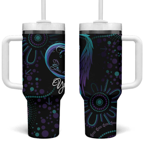 Personalized Australia Indigenous Infinity Heart Tumbler With Handle Purple Teal Ribbon You Are Not Alone - Aussie Hoodie