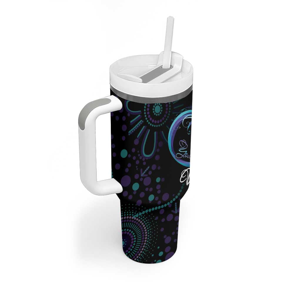 Personalized Australia Indigenous Infinity Heart Tumbler With Handle Purple Teal Ribbon You Are Not Alone - Aussie Hoodie