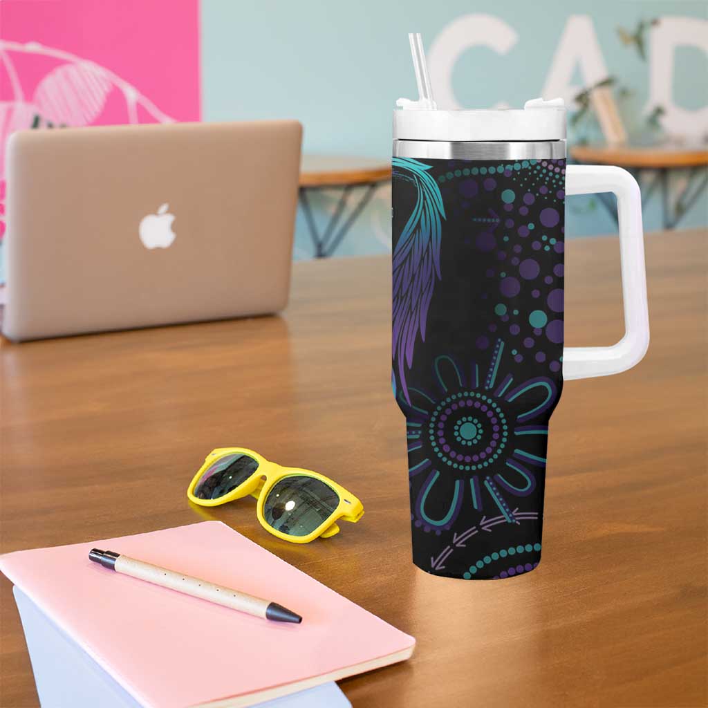 Personalized Australia Indigenous Infinity Heart Tumbler With Handle Purple Teal Ribbon You Are Not Alone - Aussie Hoodie