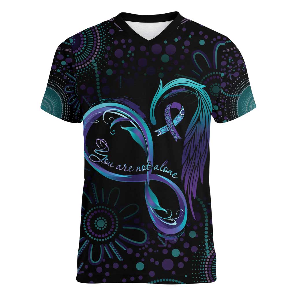 Personalized Australia Indigenous Infinity Heart Women V-Neck T-Shirt Purple Teal Ribbon You Are Not Alone - Aussie Hoodie