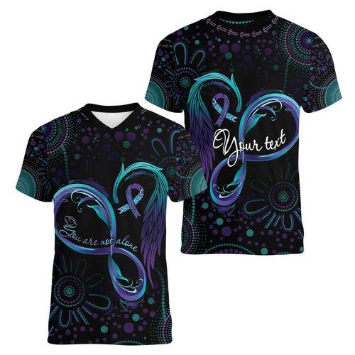 Personalized Australia Indigenous Infinity Heart Women V-Neck T-Shirt Purple Teal Ribbon You Are Not Alone - Aussie Hoodie